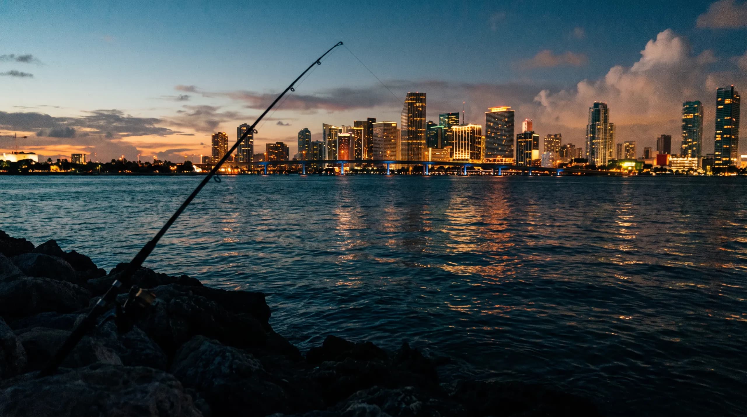 Miami skyline at dusk from Virginia Key shoreline